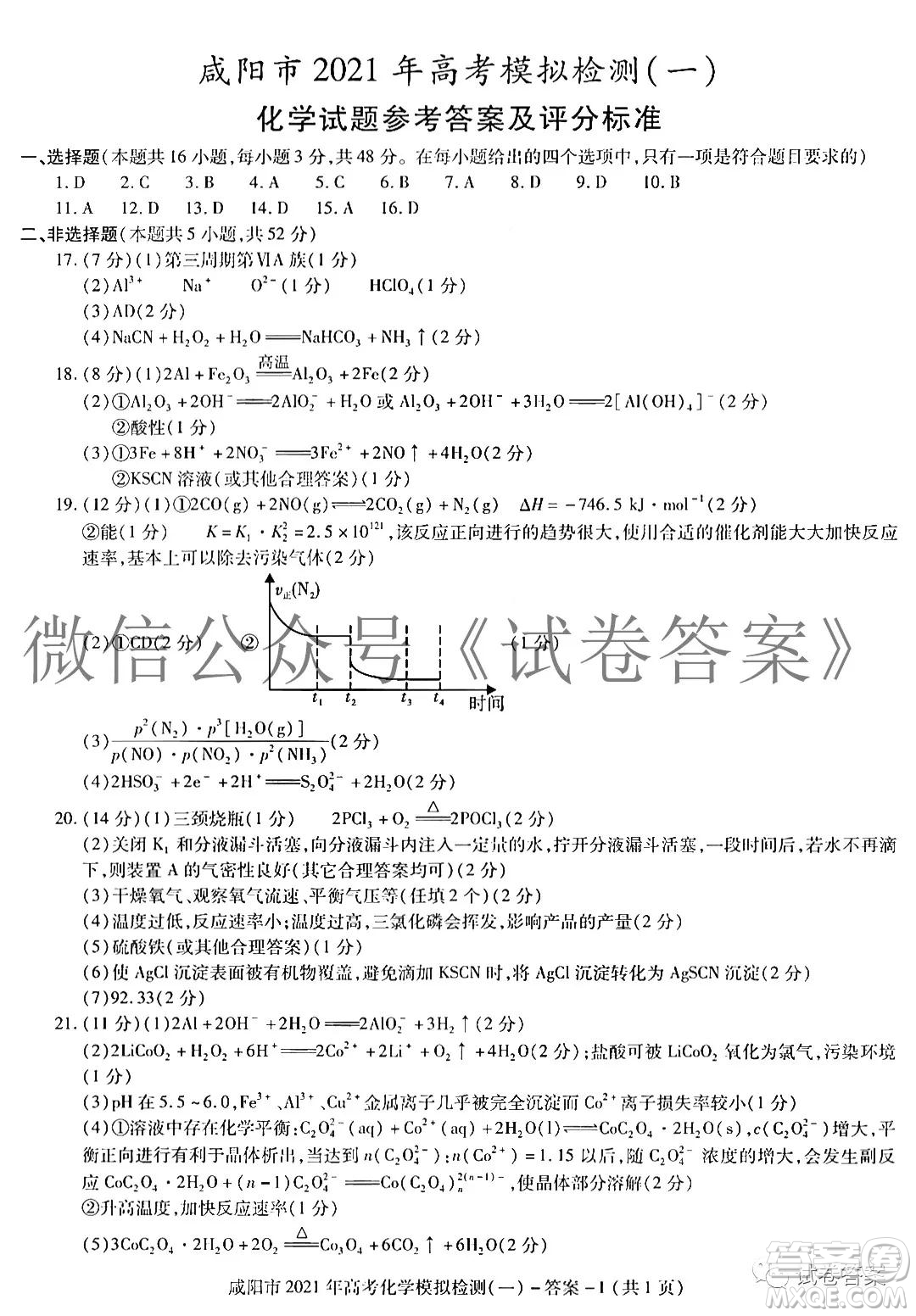 咸陽市2021年高考模擬檢測一物理化學生物答案