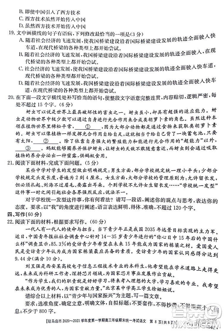 駐馬店市2020-2021學(xué)年度第一學(xué)期高三年級期末統(tǒng)一考試語文試題及答案