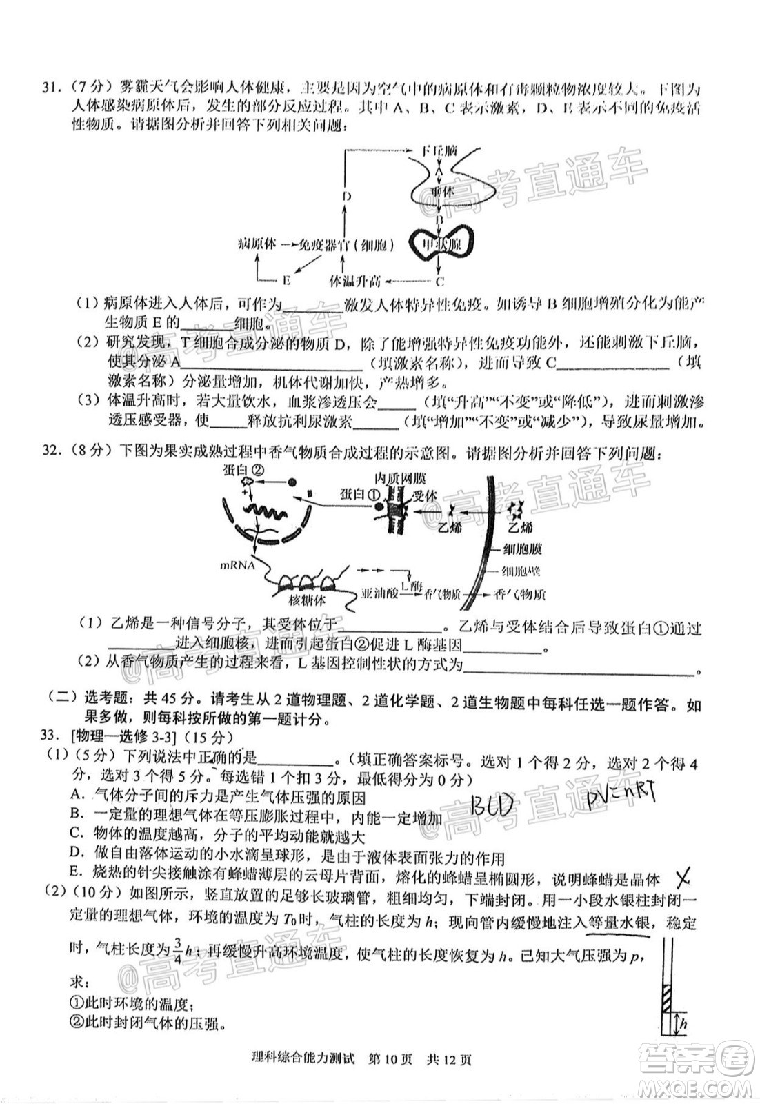 滁州市2021年高三第一次教學(xué)質(zhì)量監(jiān)測(cè)理科綜合試題及答案