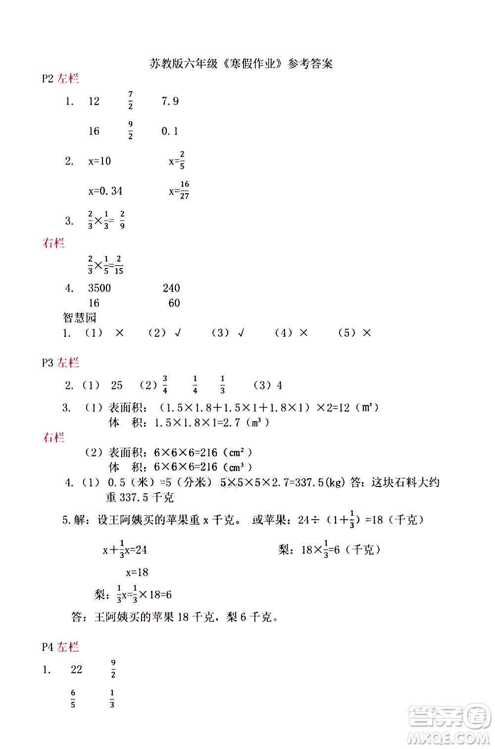 安徽少年兒童出版社2021版寒假作業(yè)六年級數(shù)學(xué)蘇教版答案