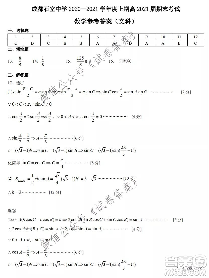 成都石室中學(xué)2020-2021學(xué)年度上期高2021屆期末考試文科數(shù)學(xué)試題及答案