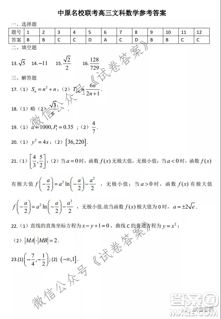 中原名校2020-2021學(xué)年下期質(zhì)量考評一高三文科數(shù)學(xué)試題及答案