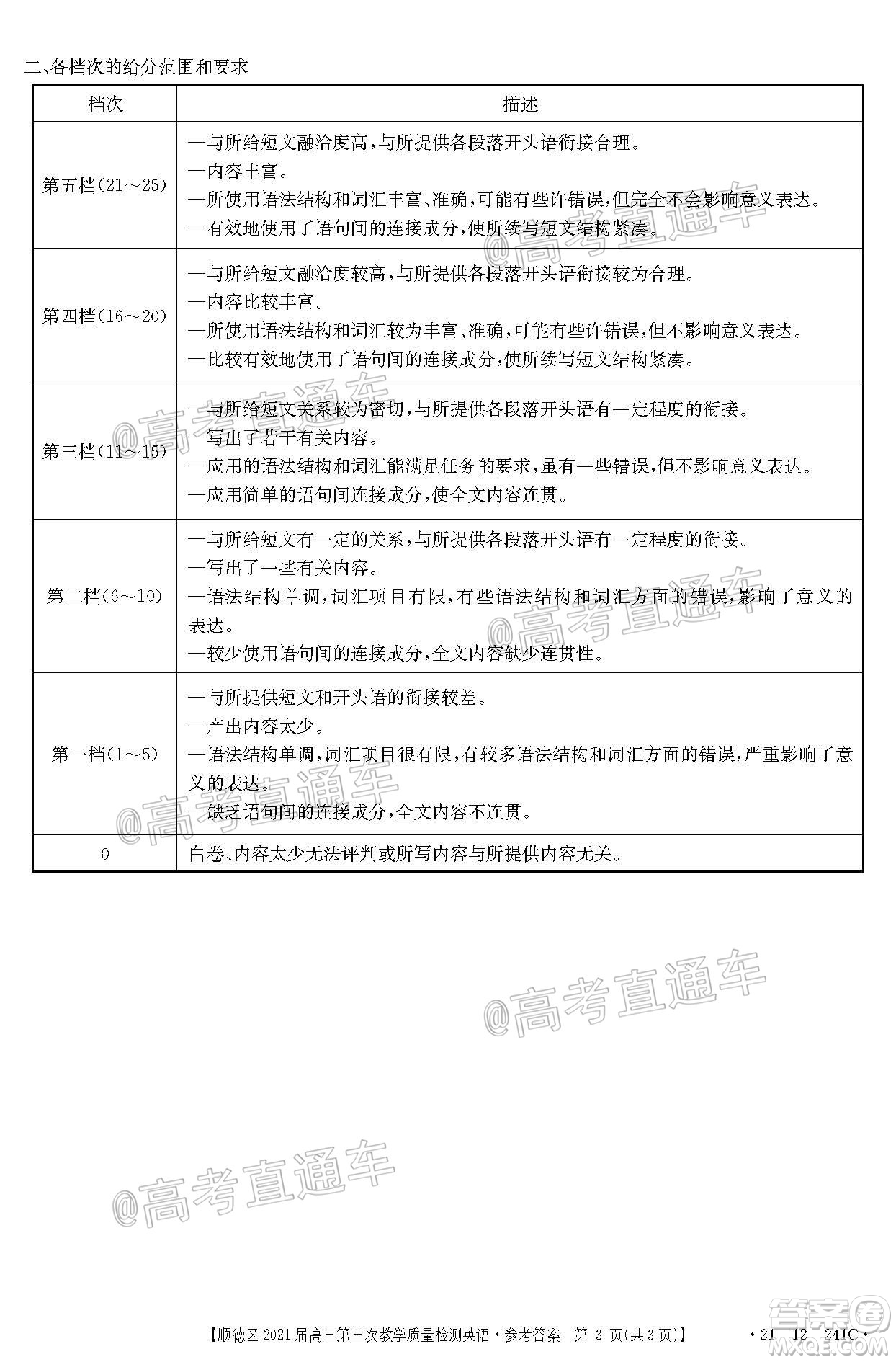 佛山市順德區(qū)2021屆高三第三次教學質量檢測英語試題及答案