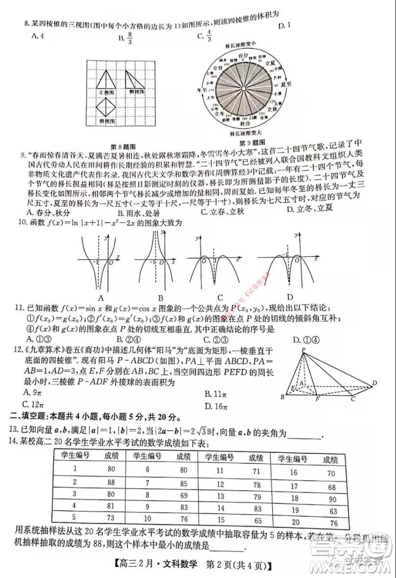 九師聯(lián)盟2020-2021學(xué)年高三2月質(zhì)量檢測文科數(shù)學(xué)試題及答案