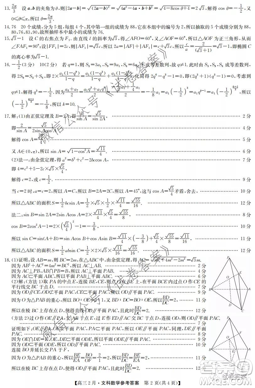 九師聯(lián)盟2020-2021學(xué)年高三2月質(zhì)量檢測文科數(shù)學(xué)試題及答案