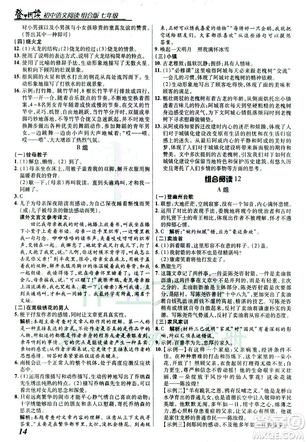 復(fù)旦大學(xué)出版社2021版登甲閱讀組合版初中語(yǔ)文閱讀七年級(jí)浙江專版答案