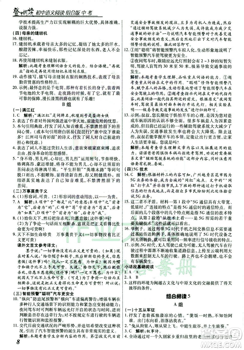 復(fù)旦大學(xué)出版社2021版登甲閱讀組合版初中語文閱讀中考浙江專版答案