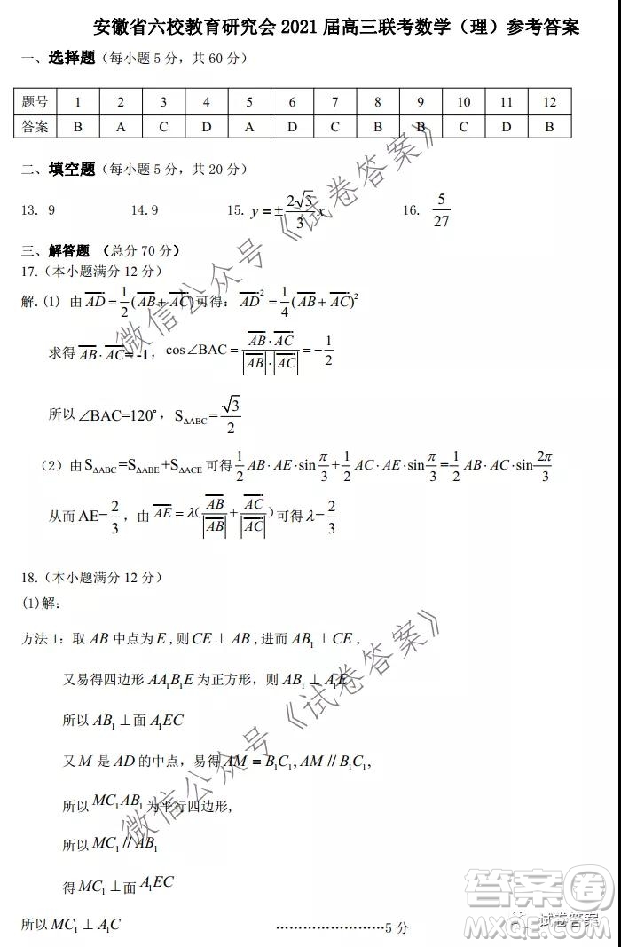 安徽省六校教育研究會2021屆高三聯(lián)考理科數(shù)學能力測試答案