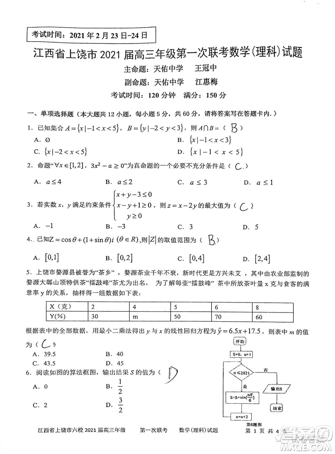 江西省上饒市2021屆高三年級第一次聯(lián)考理科數(shù)學試題答案