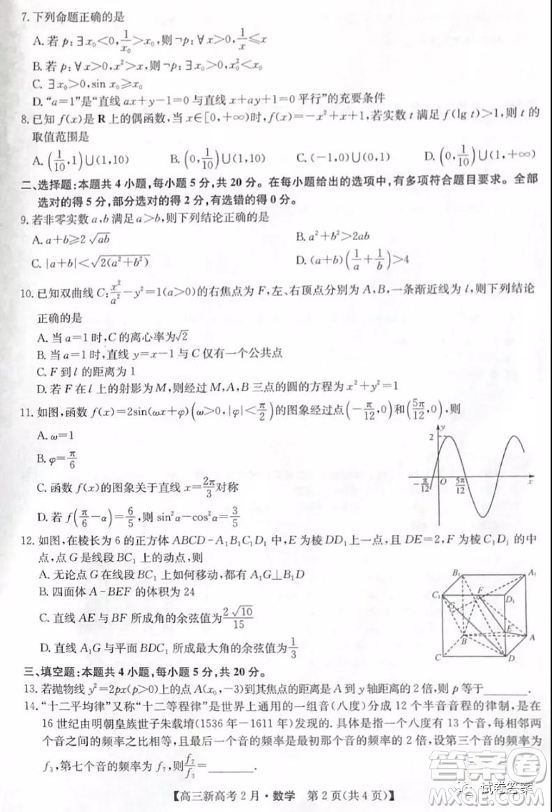 2021湖北九師聯(lián)盟高三新高考2月考試數(shù)學(xué)試題及答案