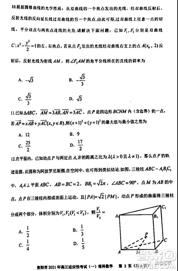 貴陽(yáng)市銅仁市2021年高三適應(yīng)性考試一理科數(shù)學(xué)試題及答案