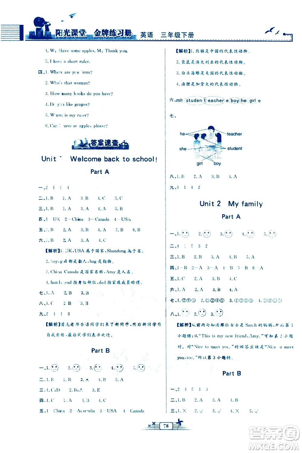 人民教育出版社2021陽光課堂金牌練習(xí)冊英語三年級下冊人教版答案