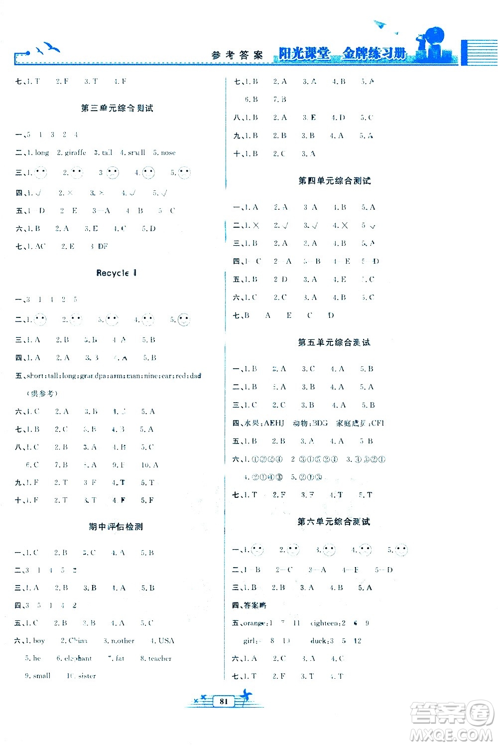 人民教育出版社2021陽光課堂金牌練習(xí)冊英語三年級下冊人教版答案