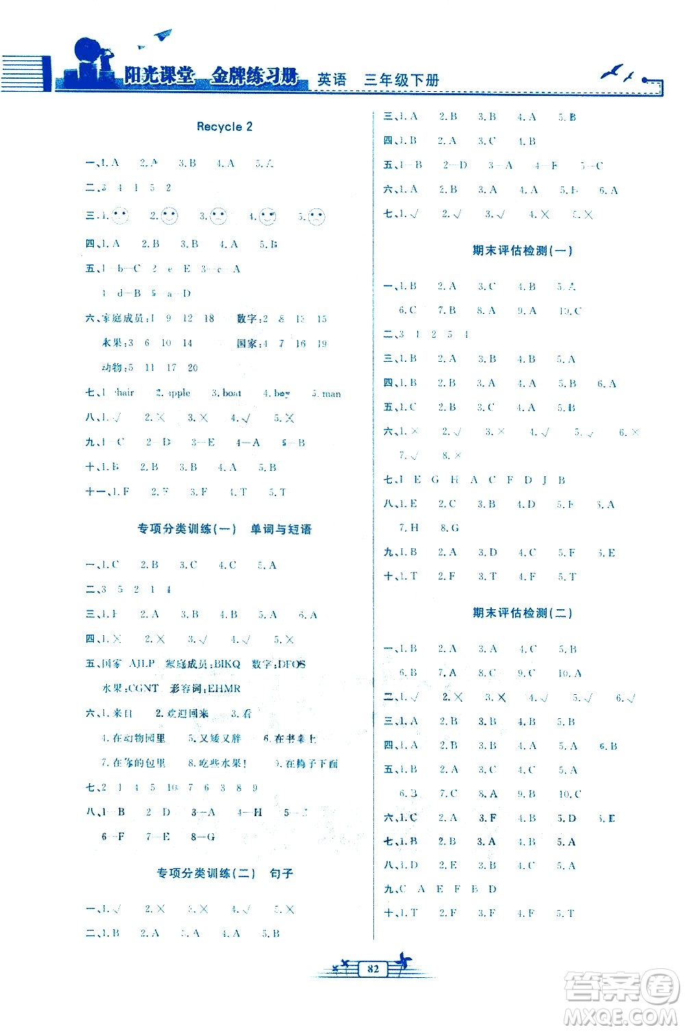 人民教育出版社2021陽光課堂金牌練習(xí)冊英語三年級下冊人教版答案