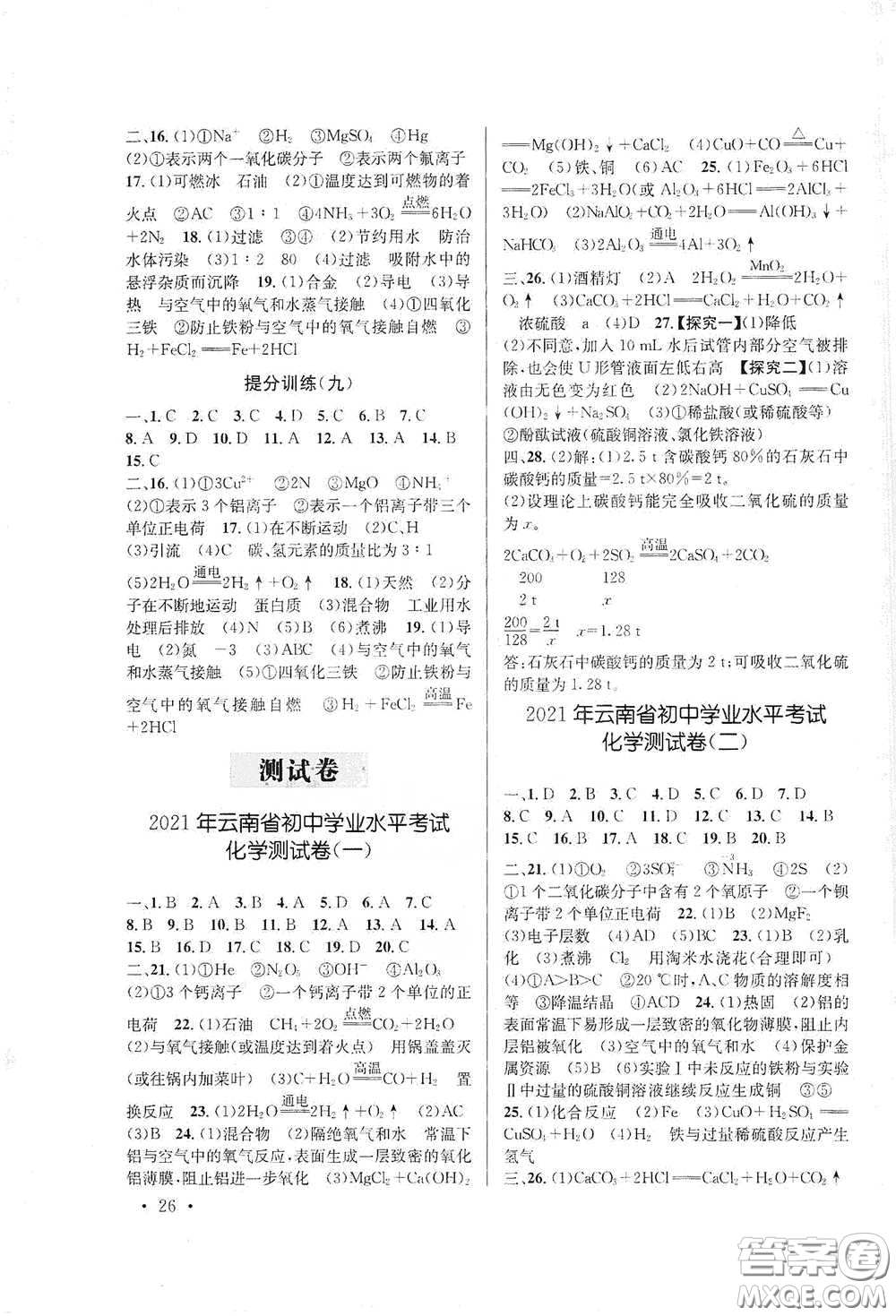 云南大學(xué)出版社2021金考點云南省初中學(xué)業(yè)水平考試總復(fù)習(xí)及測試化學(xué)答案