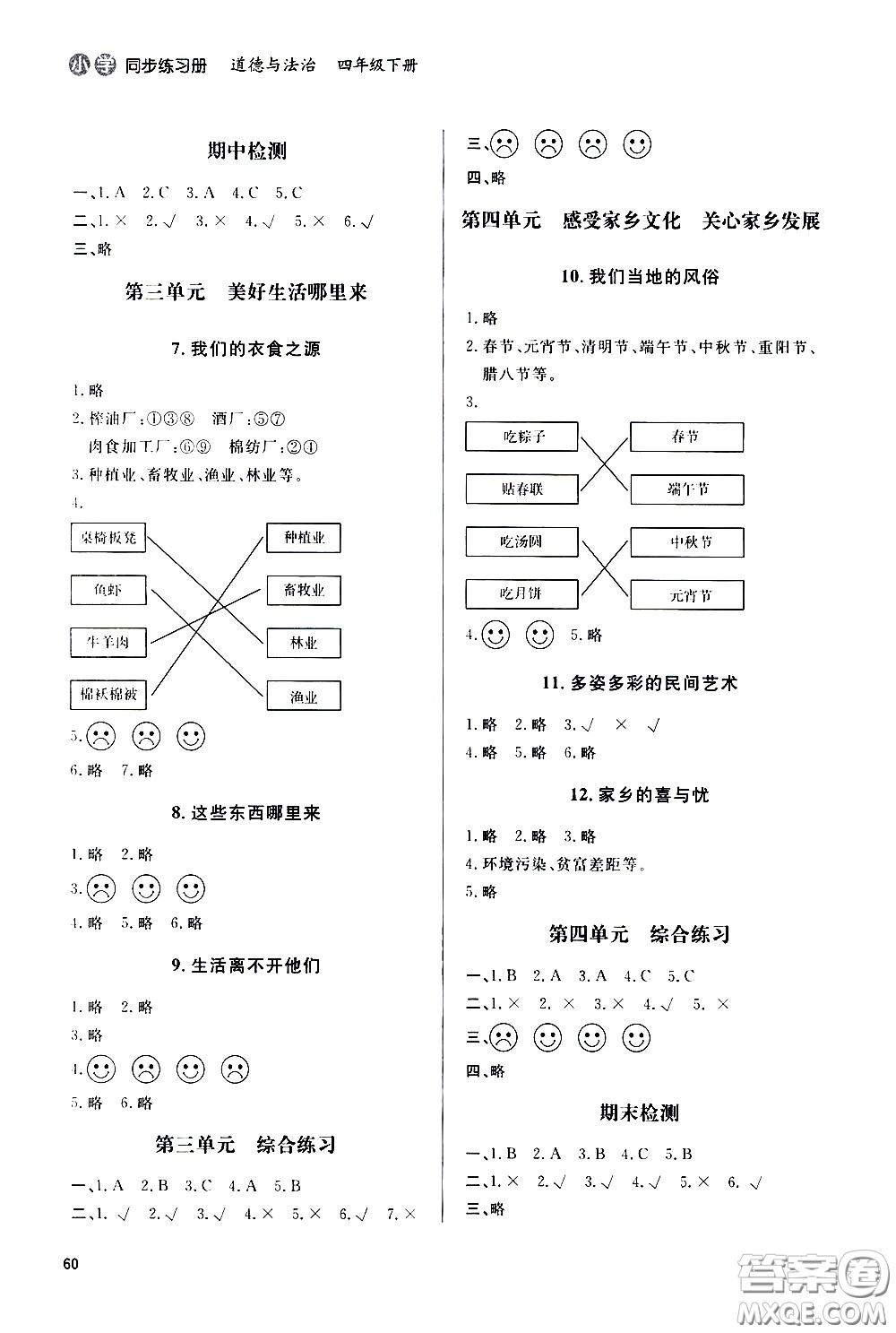 山東人民出版社2021六三制小學(xué)同步練習(xí)冊道德與法治四年級下冊人教版答案