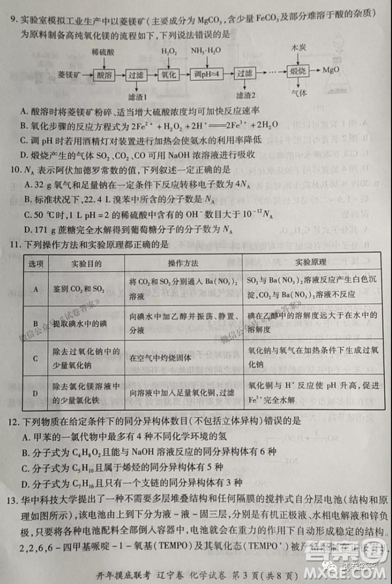 百師聯(lián)盟2021屆高三開年摸底聯(lián)考遼寧卷化學試卷及答案