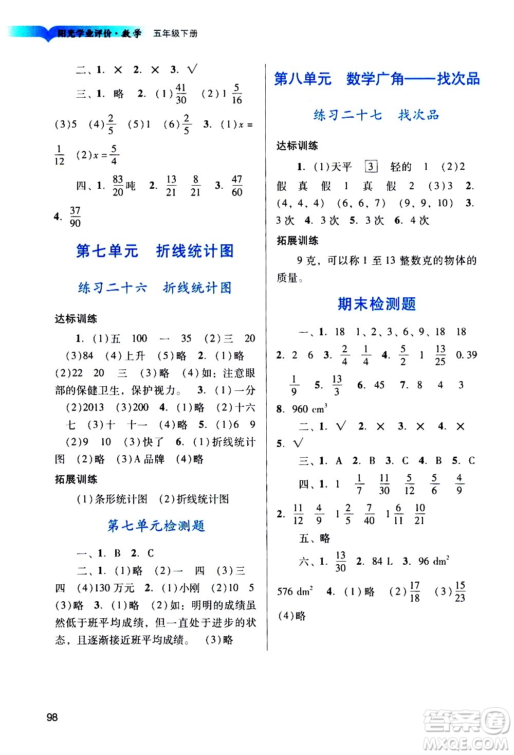 廣州出版社2021陽光學(xué)業(yè)評價數(shù)學(xué)五年級下冊人教版答案