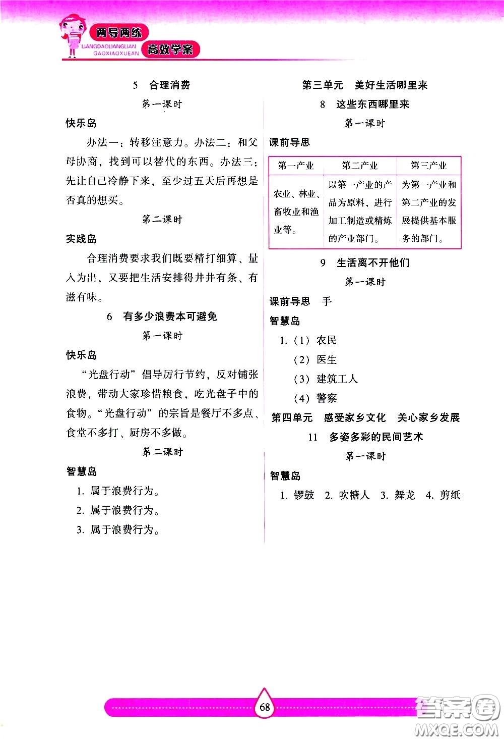 希望出版社2021新課標(biāo)兩導(dǎo)兩練高效學(xué)案道德與法治四年級(jí)下冊(cè)人教版答案