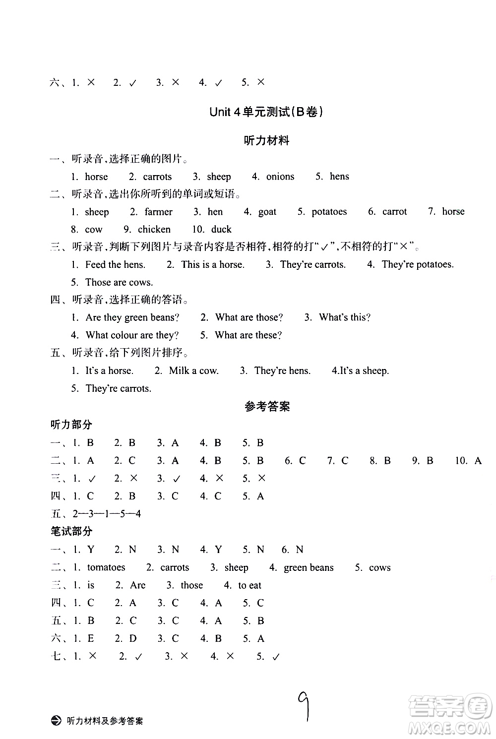 浙江教育出版社2021新編單元能力訓(xùn)練卷英語四年級下冊人教版答案