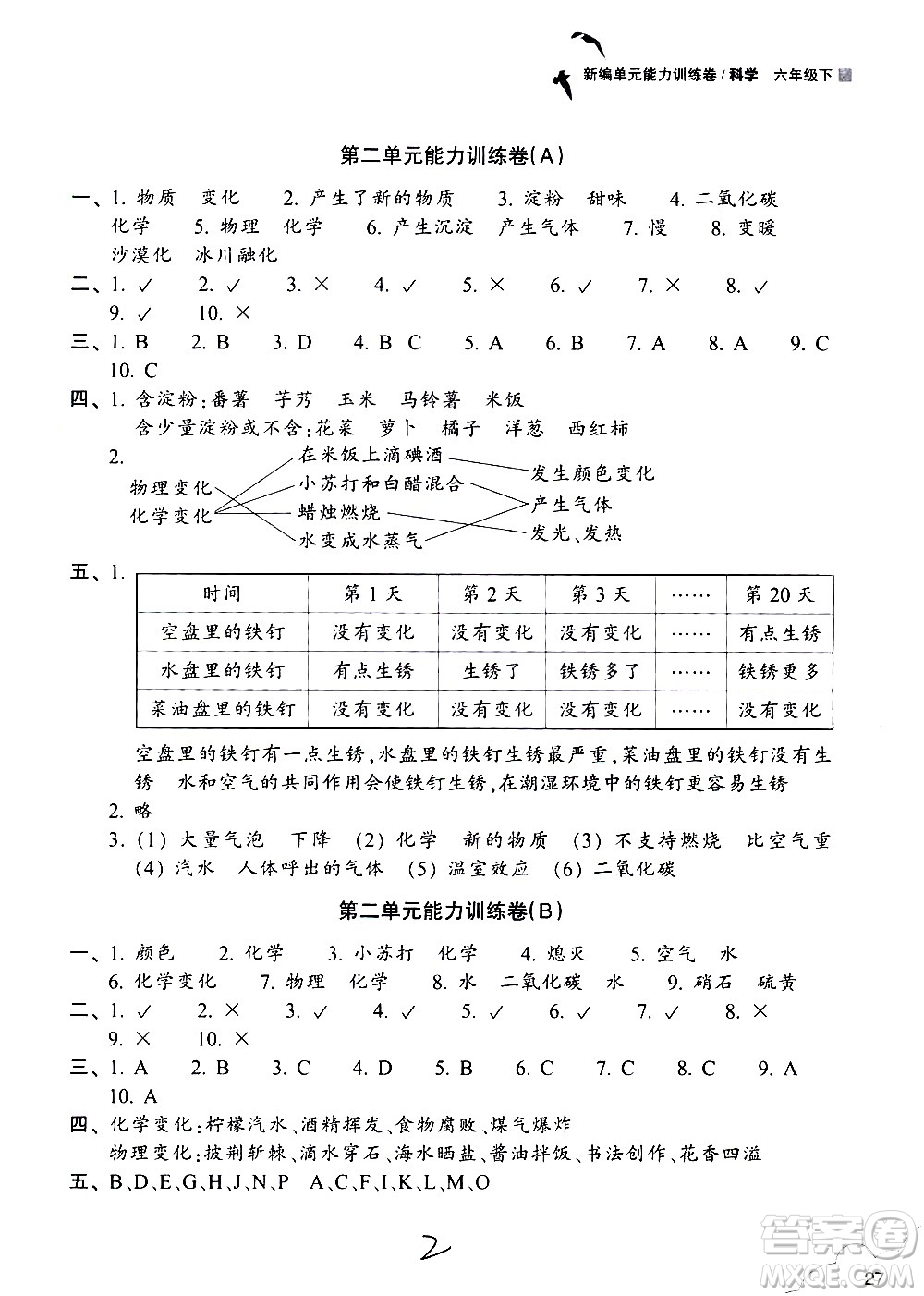 浙江教育出版社2021新編單元能力訓練卷科學六年級下冊教科版答案