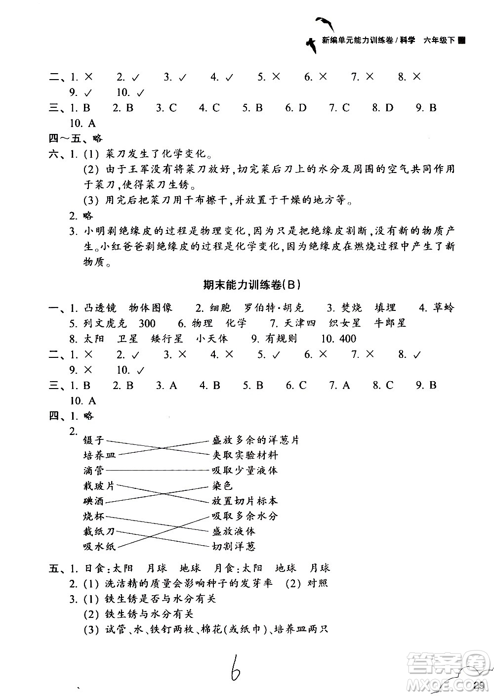 浙江教育出版社2021新編單元能力訓練卷科學六年級下冊教科版答案