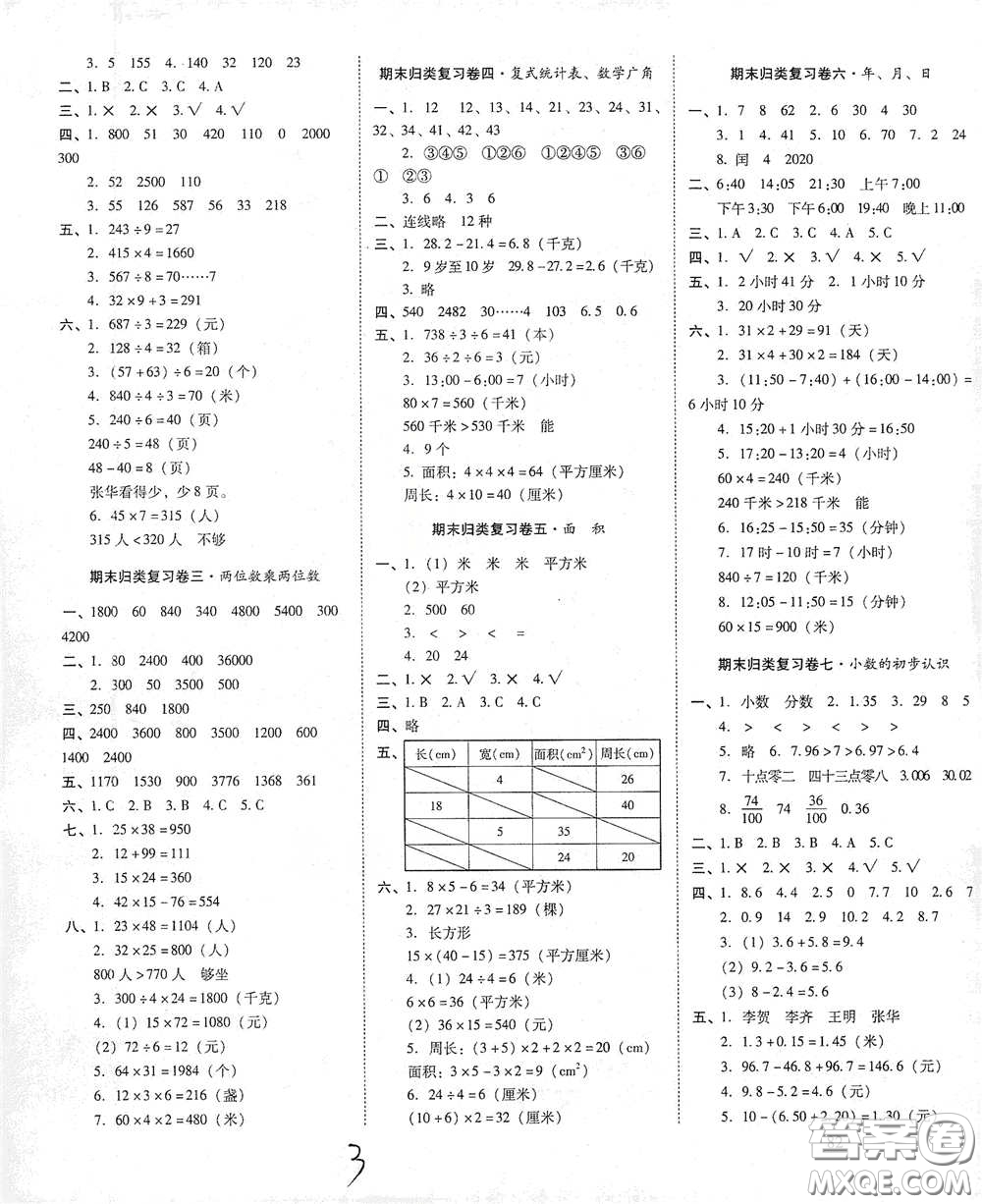 2021春云南師大附小一線名師核心試卷三年級(jí)數(shù)學(xué)人教版答案