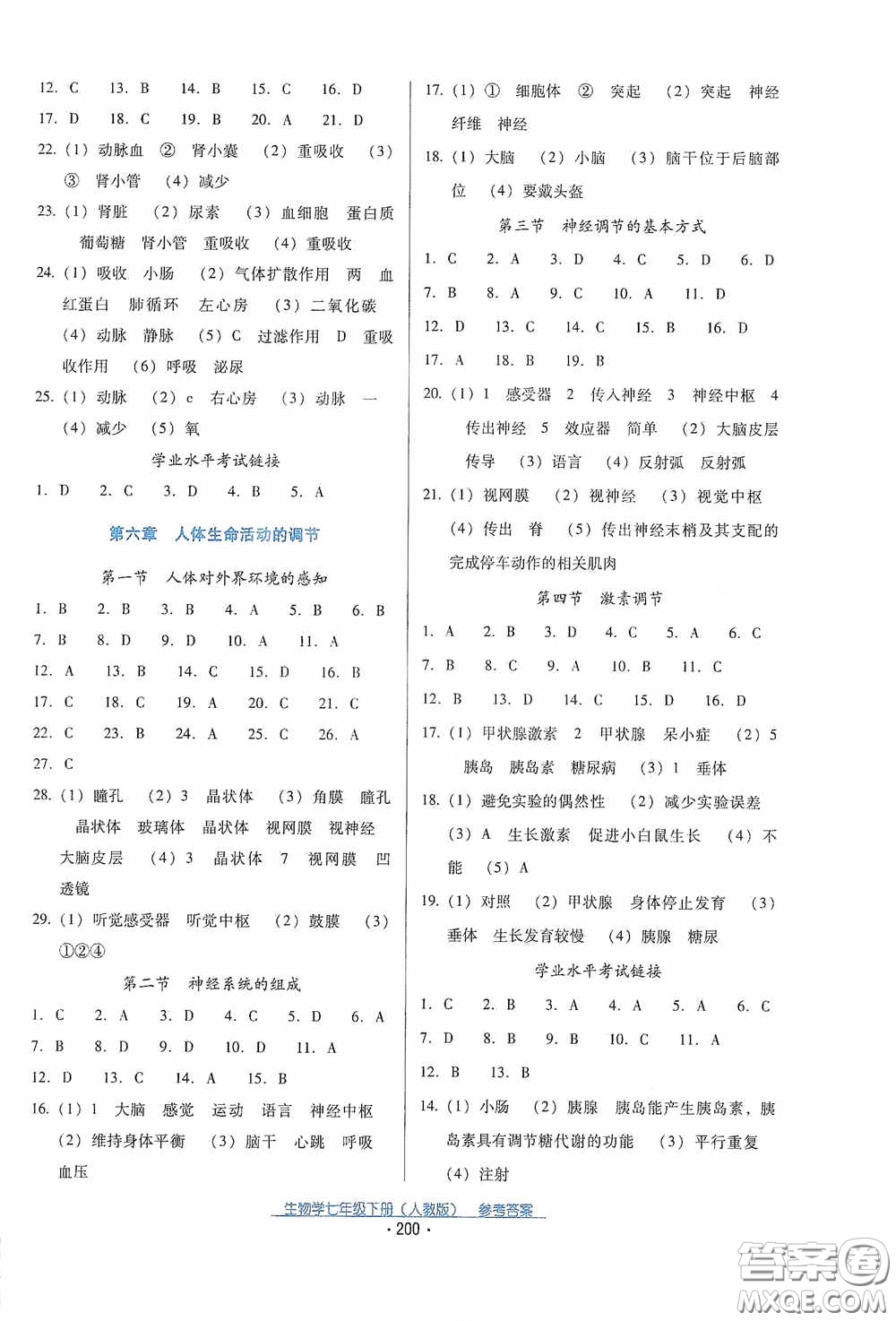 云南教育出版社2021云南省標(biāo)準(zhǔn)教輔優(yōu)佳學(xué)案七年級(jí)生物學(xué)下冊(cè)人教版答案