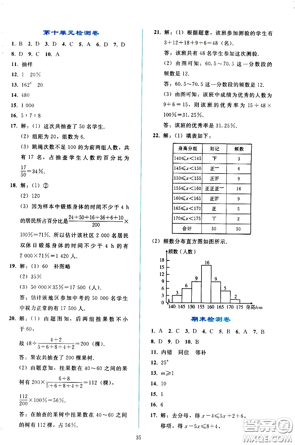 人民教育出版社2021同步輕松練習(xí)數(shù)學(xué)七年級下冊人教版答案