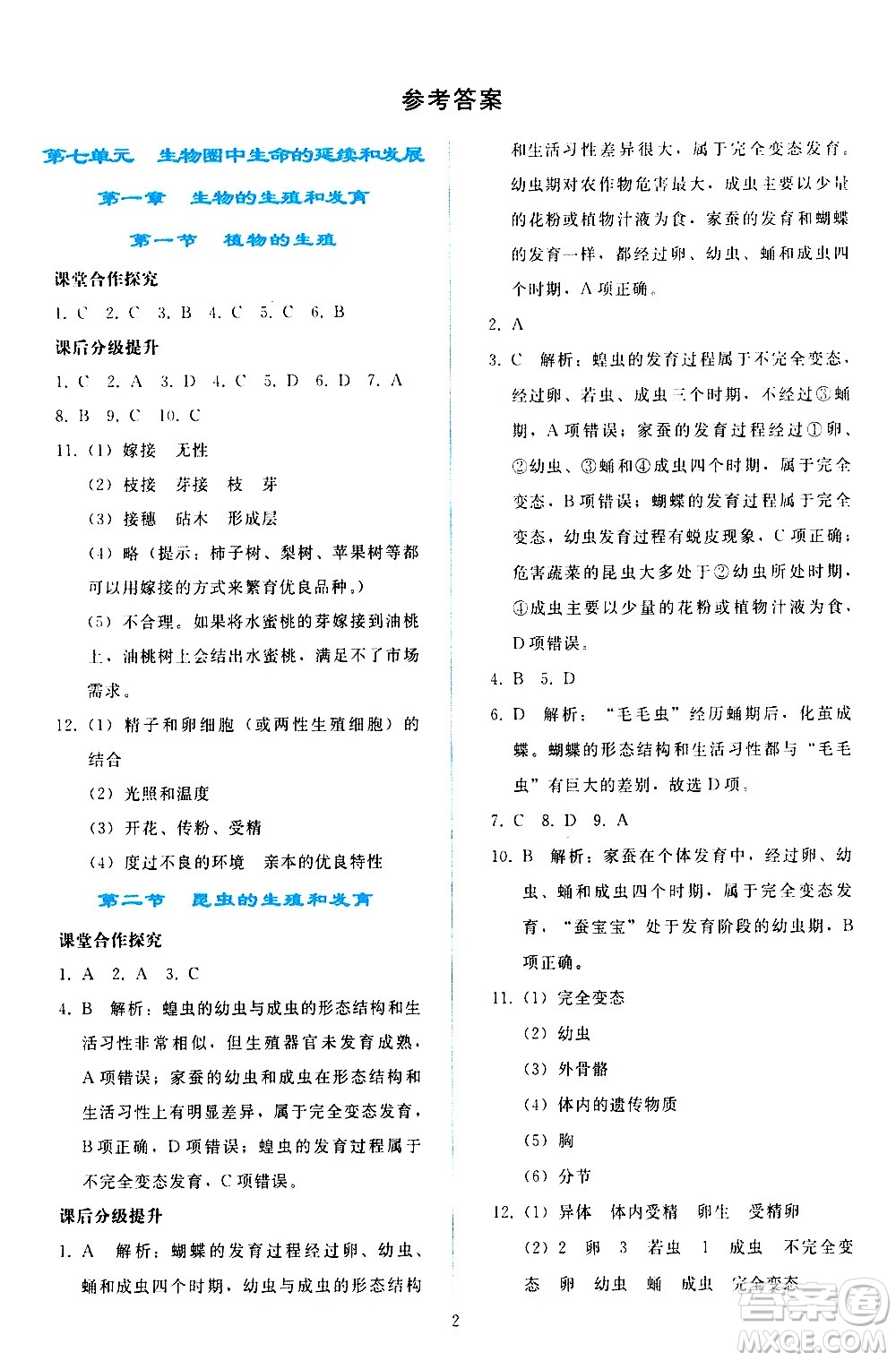 人民教育出版社2021同步輕松練習(xí)生物學(xué)八年級下冊人教版答案