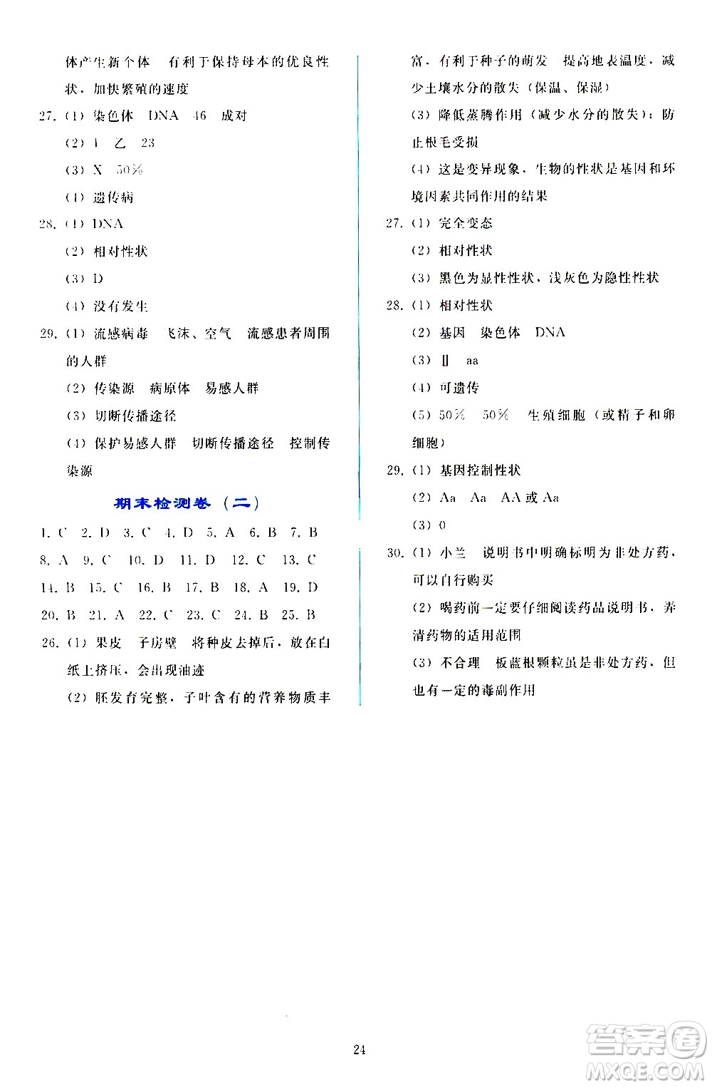 人民教育出版社2021同步輕松練習(xí)生物學(xué)八年級下冊人教版答案