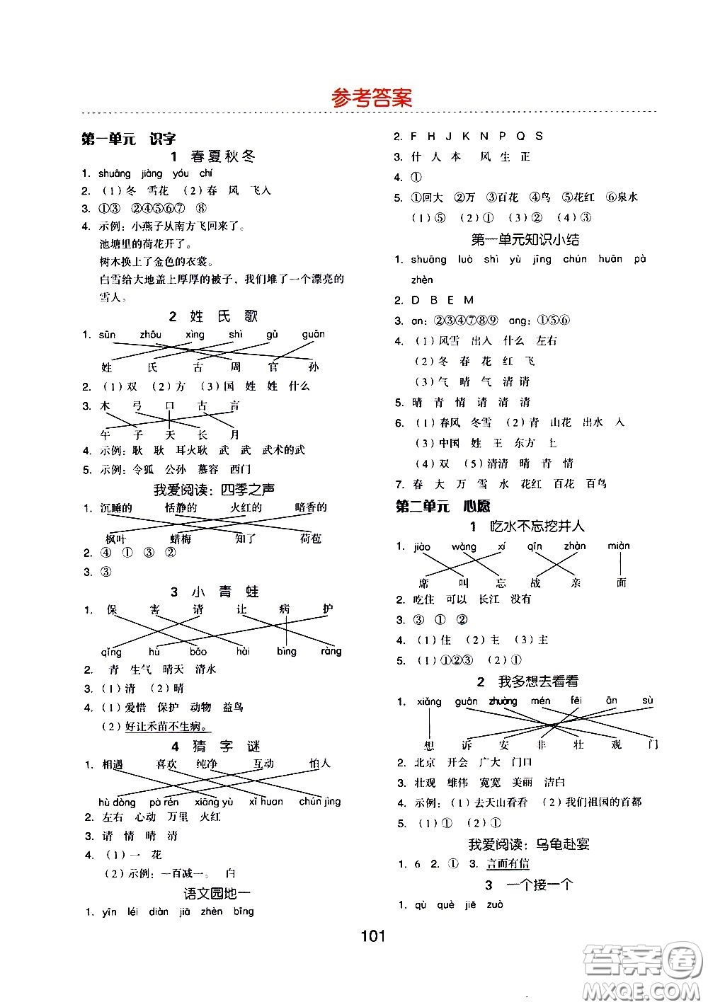 湖南少年兒童出版社2021智慧作業(yè)語文一年級下冊人教版答案