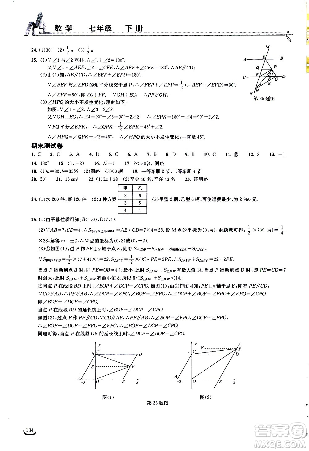 湖北教育出版社2021長(zhǎng)江作業(yè)本同步練習(xí)冊(cè)數(shù)學(xué)七年級(jí)下冊(cè)人教版答案