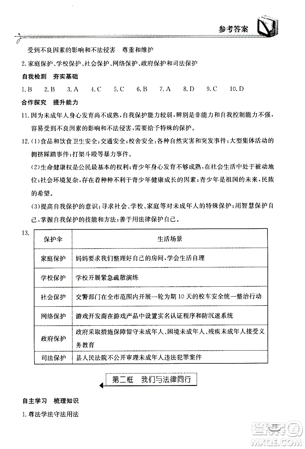 湖北教育出版社2021長(zhǎng)江作業(yè)本同步練習(xí)冊(cè)道德與法治七年級(jí)下冊(cè)人教版答案