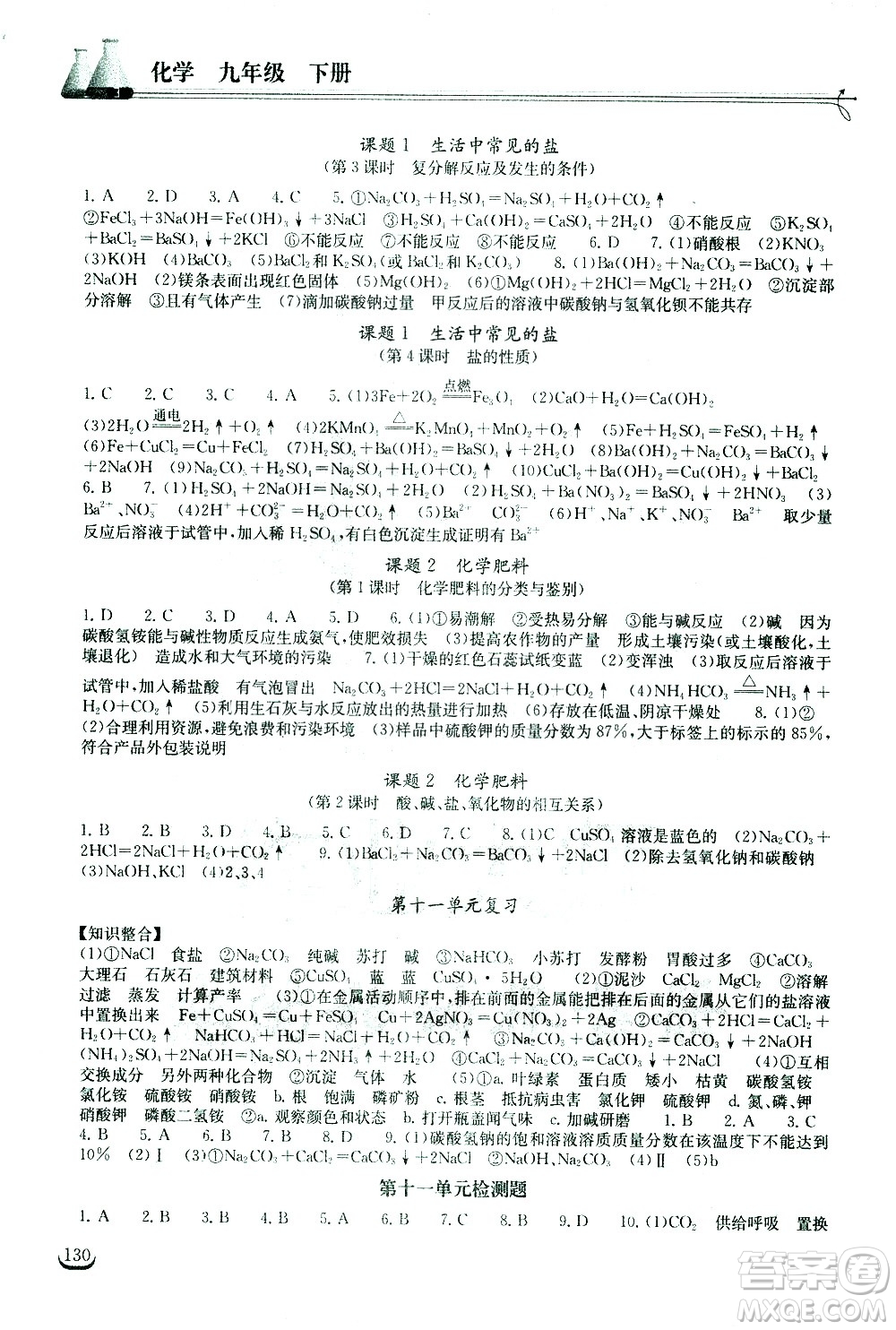 湖北教育出版社2021長(zhǎng)江作業(yè)本同步練習(xí)冊(cè)化學(xué)九年級(jí)下冊(cè)人教版答案