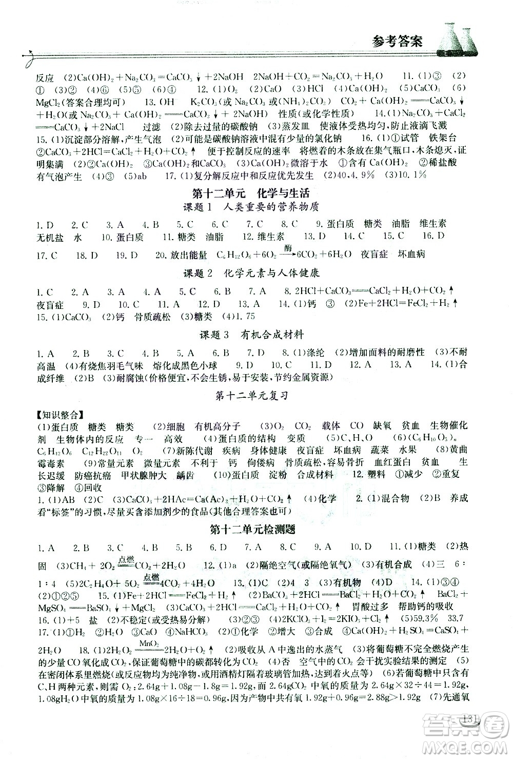 湖北教育出版社2021長(zhǎng)江作業(yè)本同步練習(xí)冊(cè)化學(xué)九年級(jí)下冊(cè)人教版答案