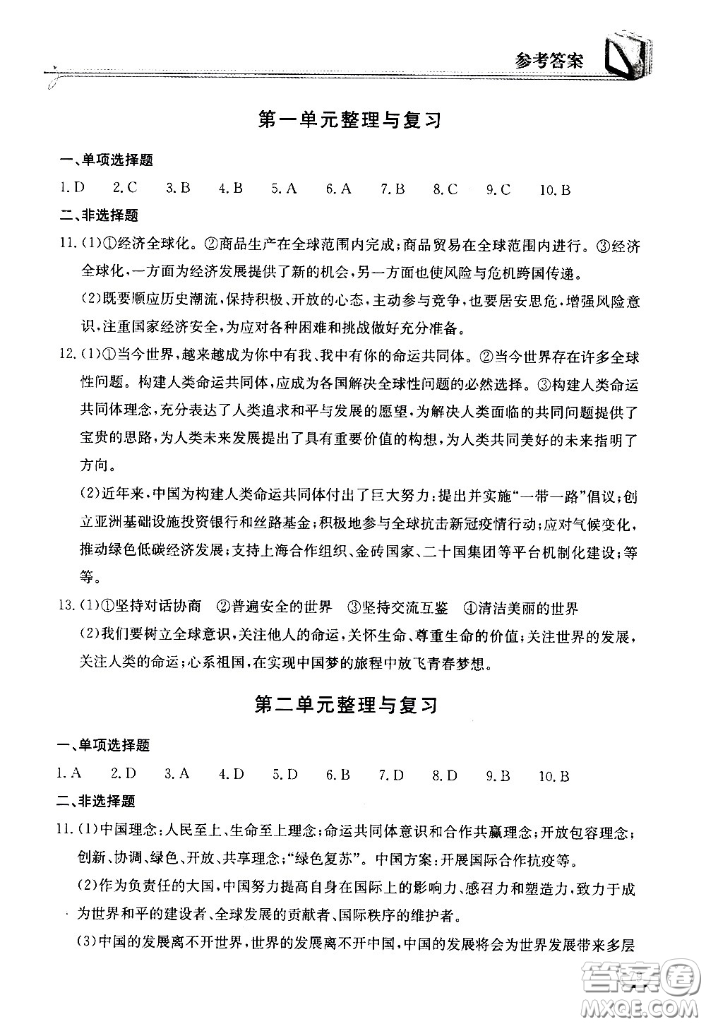 湖北教育出版社2021長江作業(yè)本同步練習(xí)冊(cè)道德與法治九年級(jí)下冊(cè)人教版答案