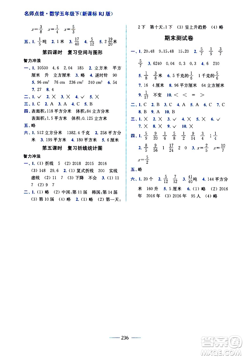 東南大學(xué)出版社2021名師點(diǎn)撥課課通教材全解析數(shù)學(xué)五年級(jí)下新課標(biāo)RJ人教版答案