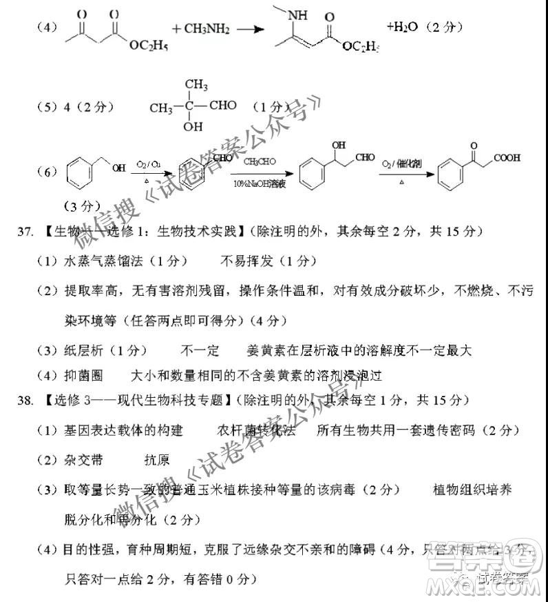 2021年甘肅省第一次高考診斷考試理科綜合答案