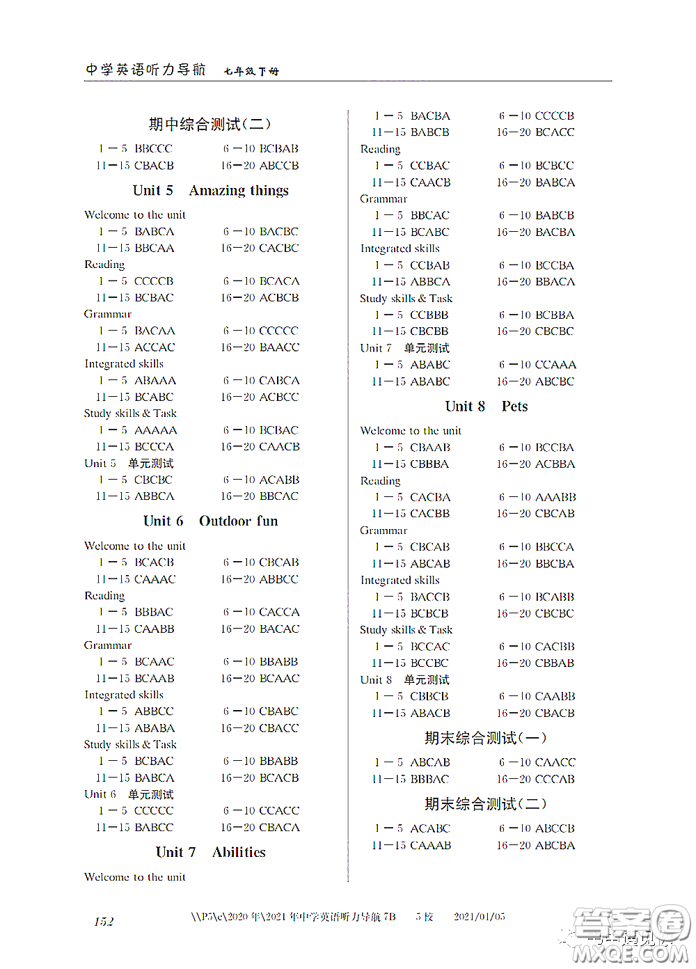 2021中學(xué)英語聽力導(dǎo)航七年級下冊答案