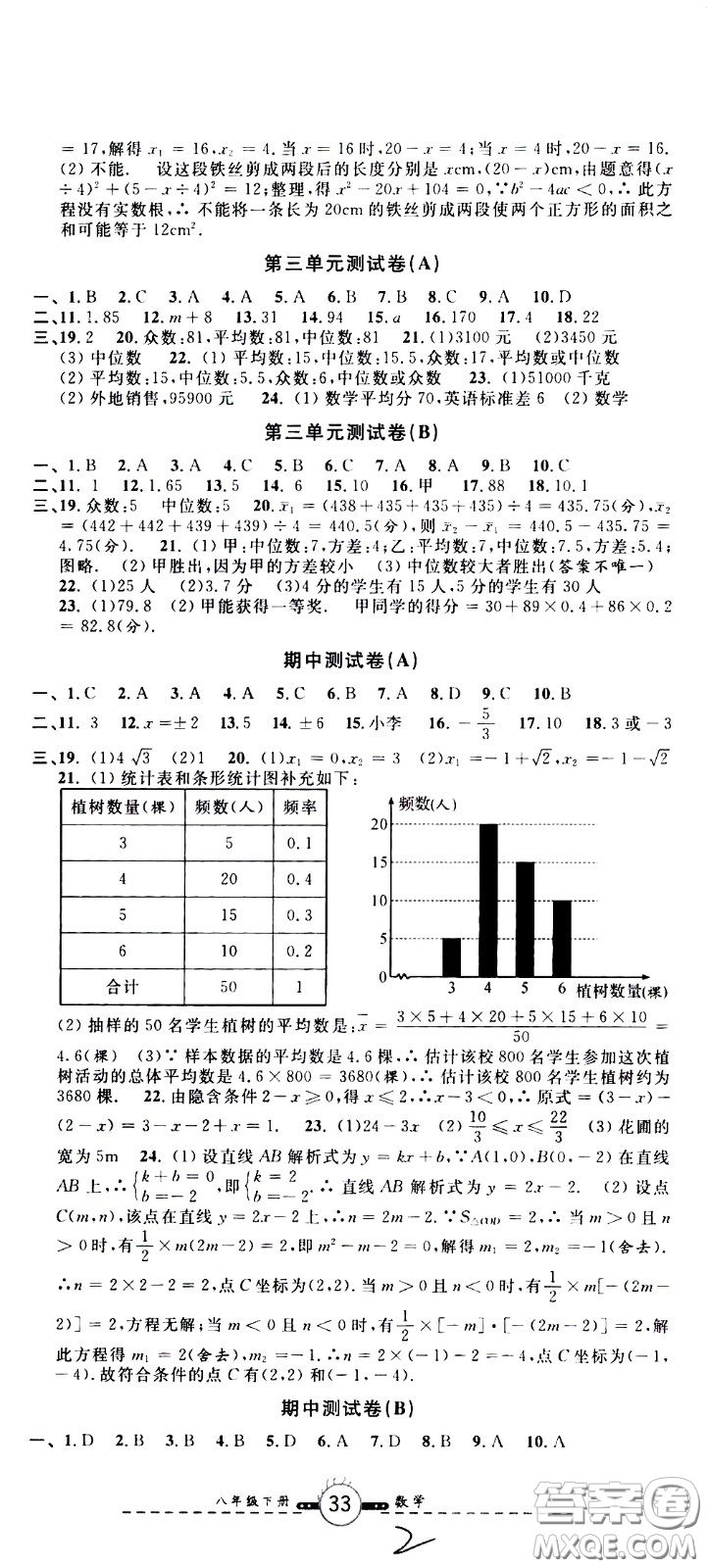 浙江大學(xué)出版社2021浙江名卷數(shù)學(xué)八年級(jí)下冊(cè)Z浙教版答案