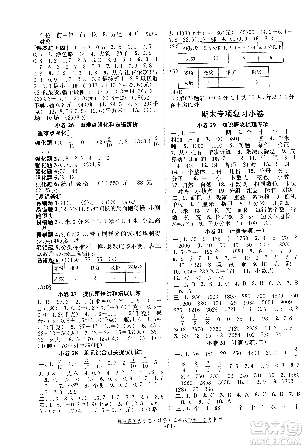 福建人民出版社2021拉網(wǎng)提優(yōu)大小卷數(shù)學(xué)三年級(jí)下冊(cè)SJ蘇教版答案