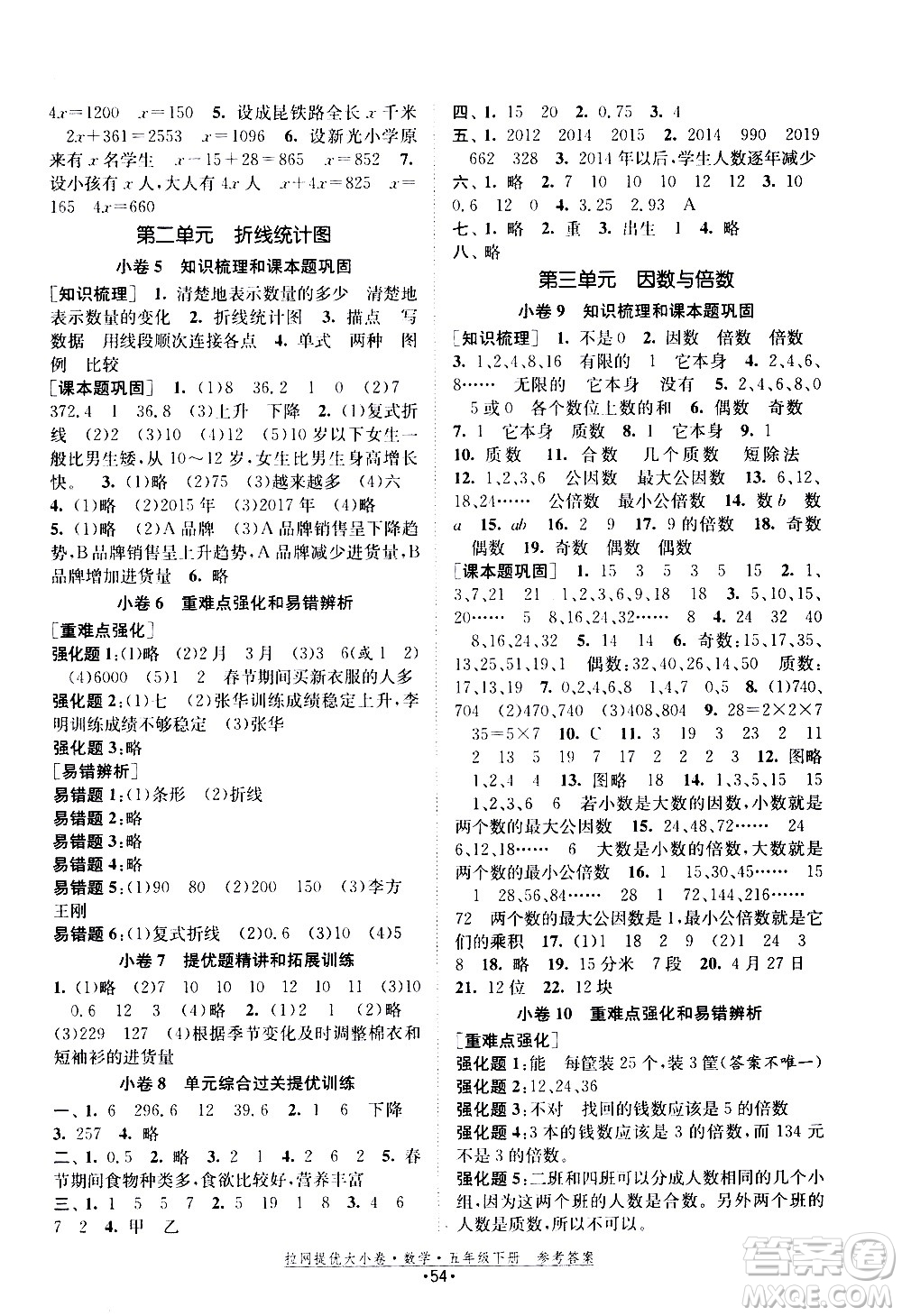 福建人民出版社2021拉網提優(yōu)大小卷數學五年級下冊SJ蘇教版答案