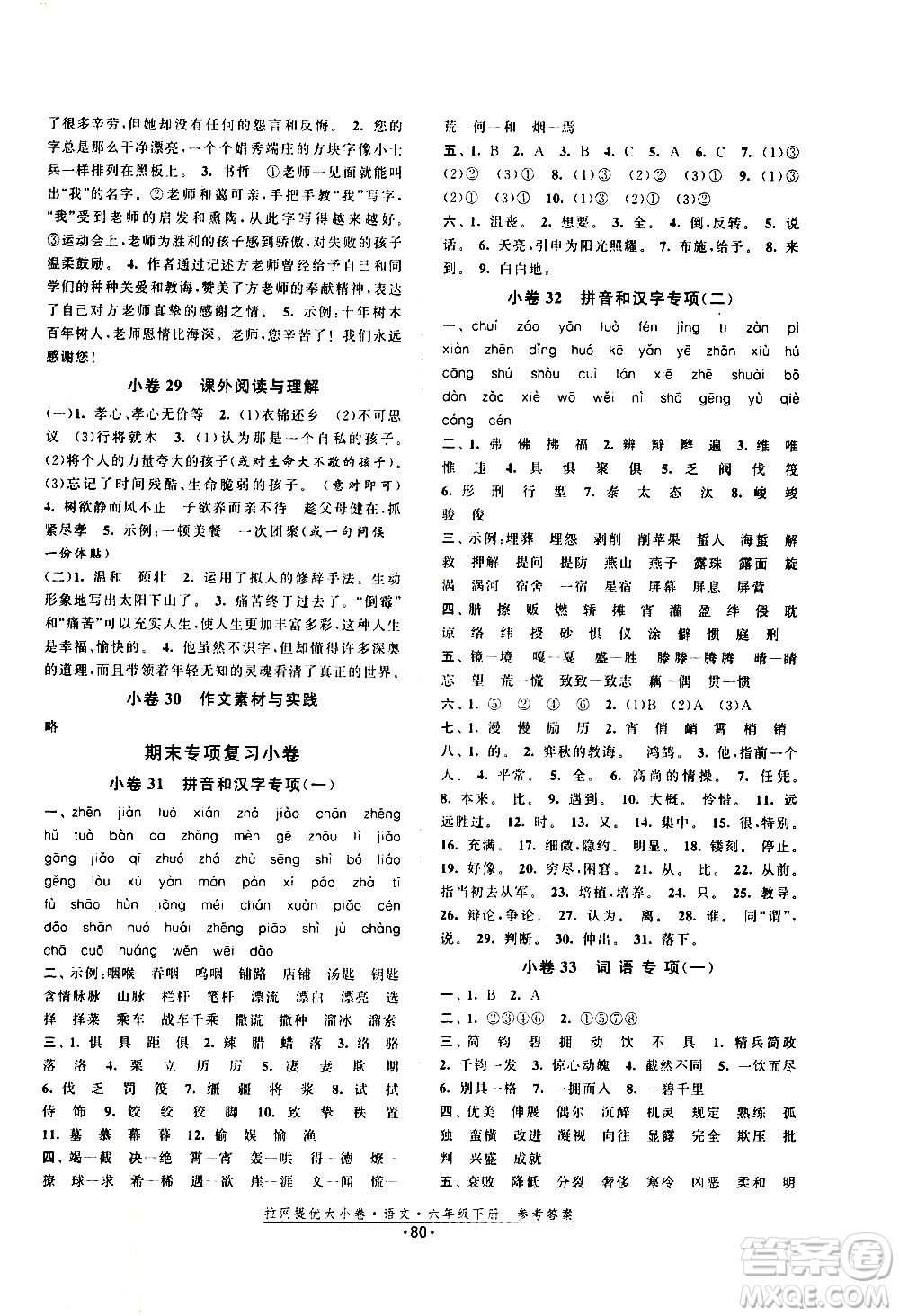 福建人民出版社2021拉網(wǎng)提優(yōu)大小卷語文六年級下冊人教版答案