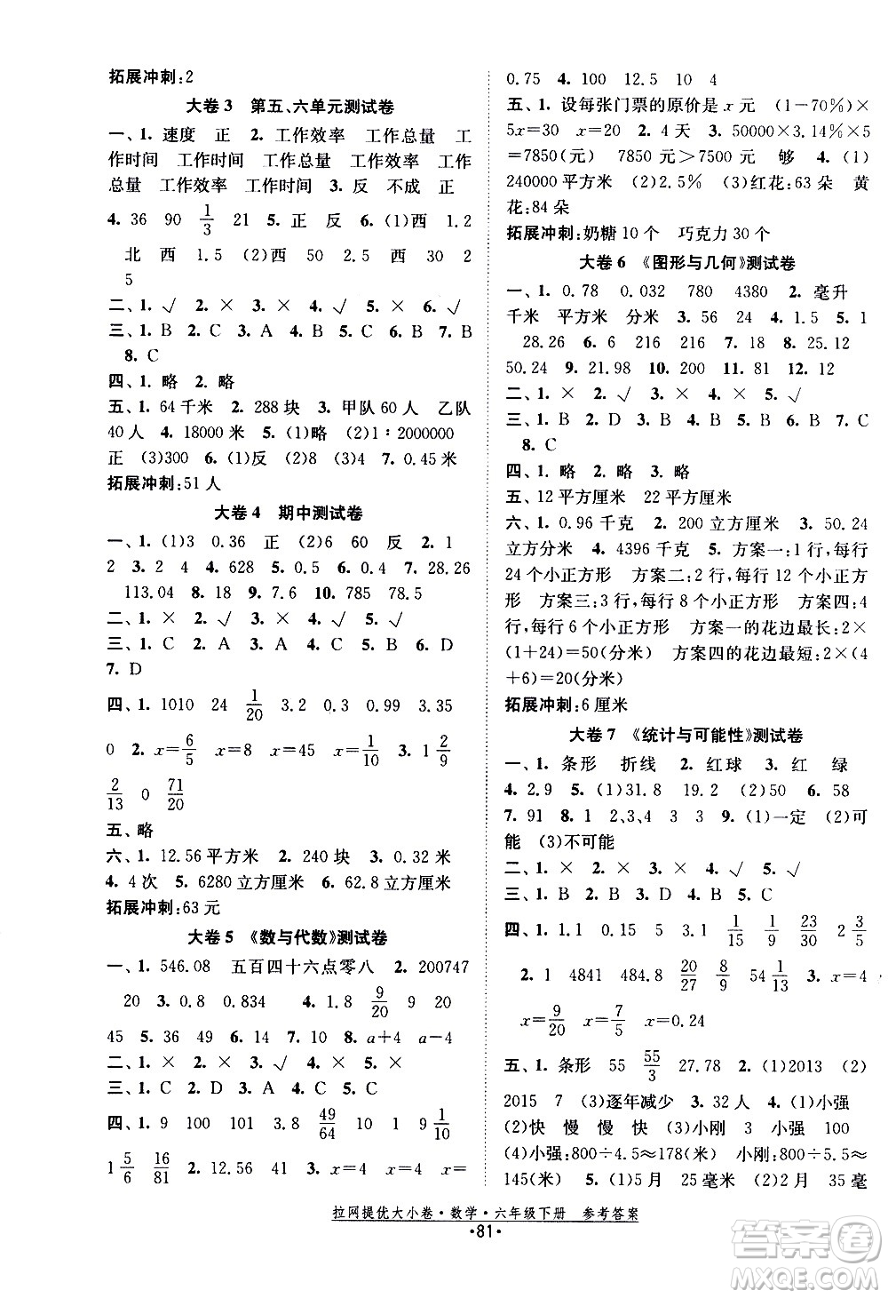 福建人民出版社2021拉網(wǎng)提優(yōu)大小卷數(shù)學(xué)六年級下冊SJ蘇教版答案