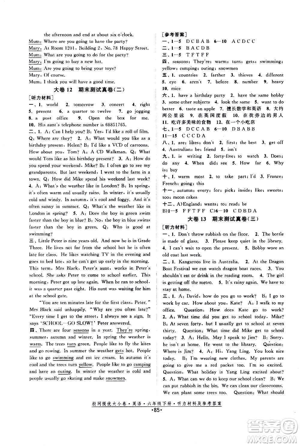 福建人民出版社2021拉網(wǎng)提優(yōu)大小卷英語六年級(jí)下冊YL譯林版答案