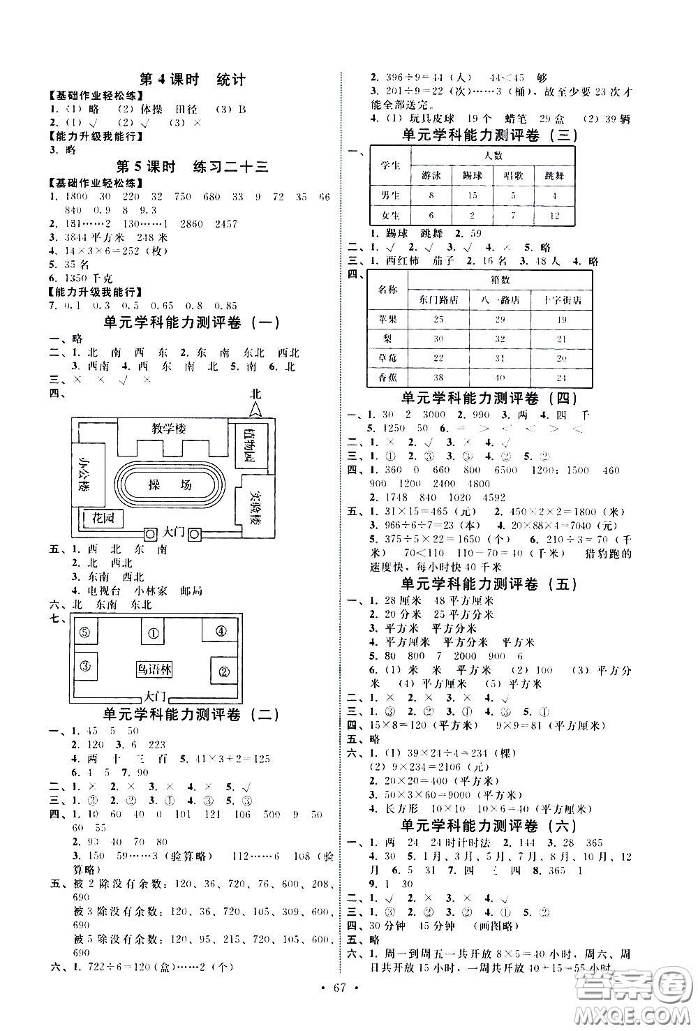 人民教育出版社2021能力培養(yǎng)與測試數(shù)學三年級下冊人教版湖南專版答案