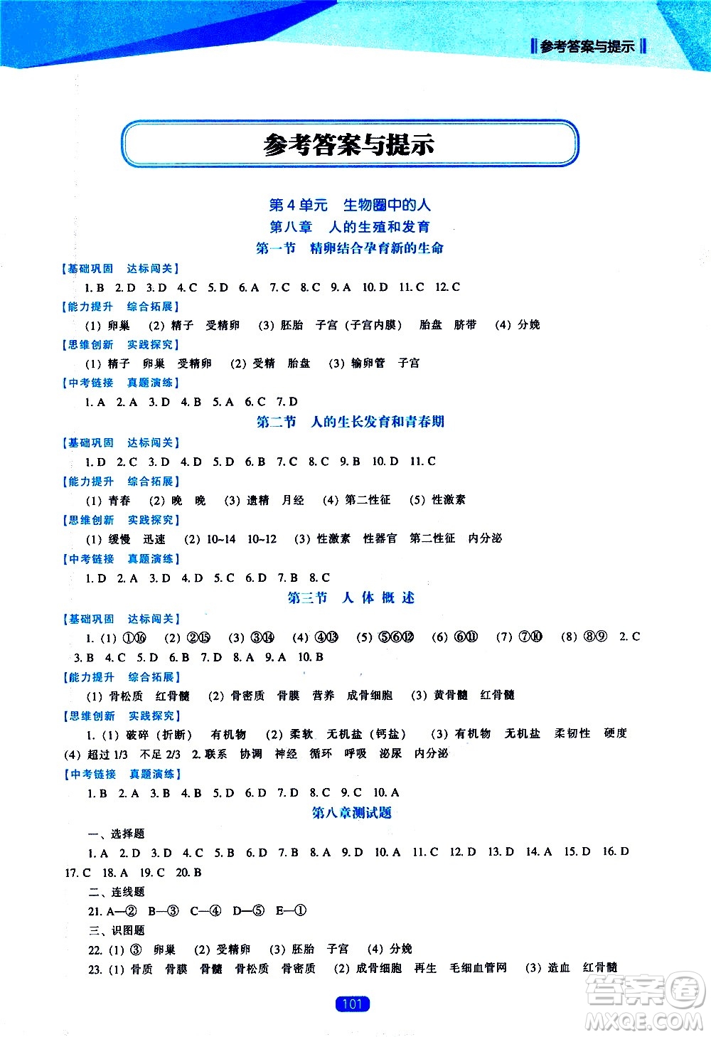 遼海出版社2021新課程生物能力培養(yǎng)七年級下冊蘇教版答案