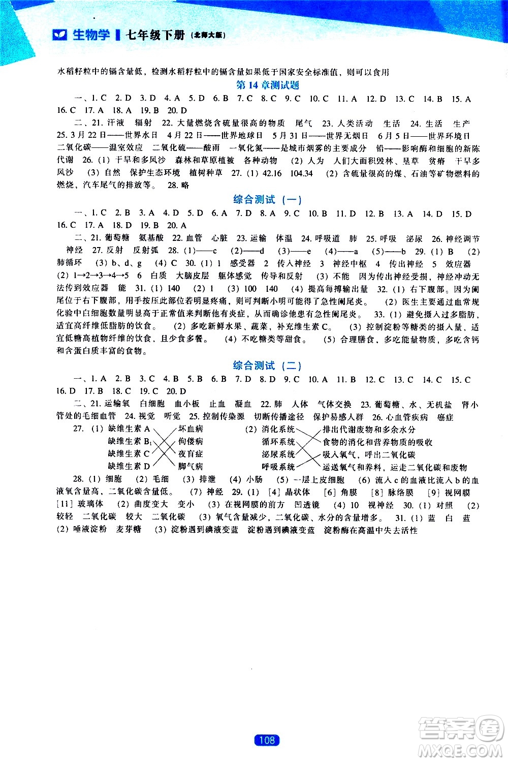 遼海出版社2021新課程生物學(xué)能力培養(yǎng)七年級下冊北師大版答案