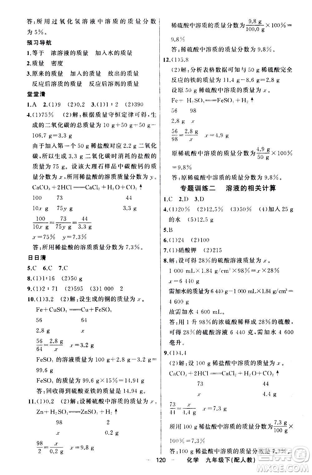 新疆青少年出版社2021四清導(dǎo)航化學(xué)九年級(jí)下冊(cè)人教版答案